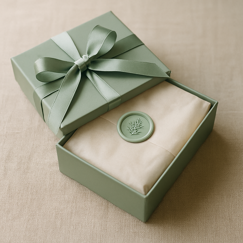 Sage ribboned jewelry box with wax seal and tissue wrap