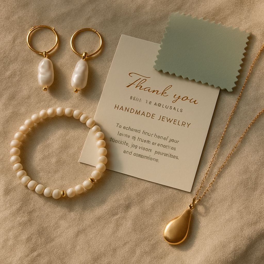 Unboxed jewelry with care card and polishing cloth on linen