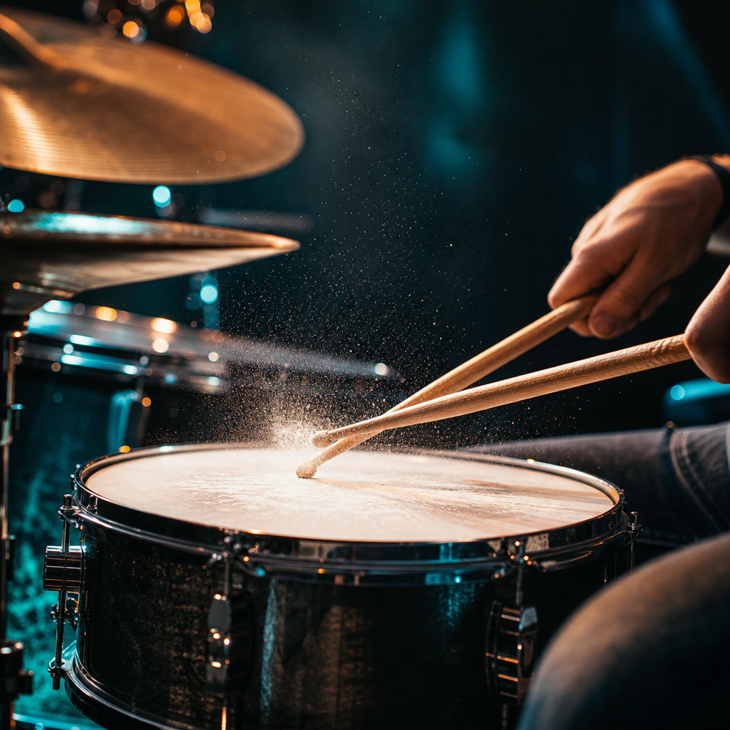 Close-up detail of drumsticks striking a snare drum with cymbal reflections and energetic stage lighting