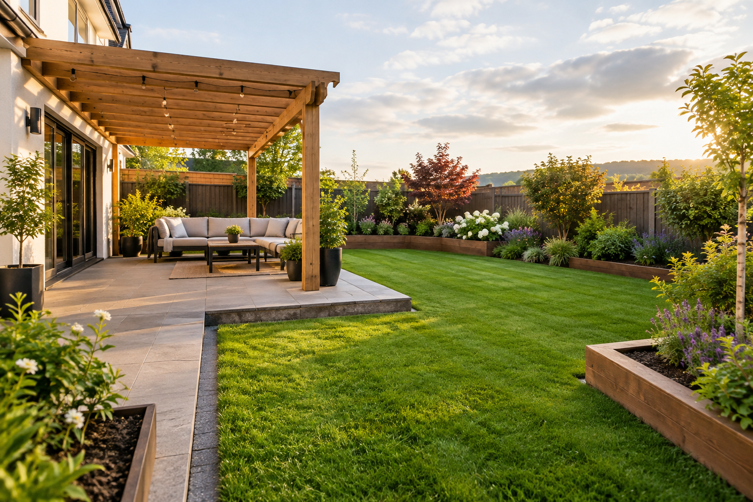 Mock website preview showing a finished landscaped Irish garden with warm daylight, pergola feature, and polished local-service presentation