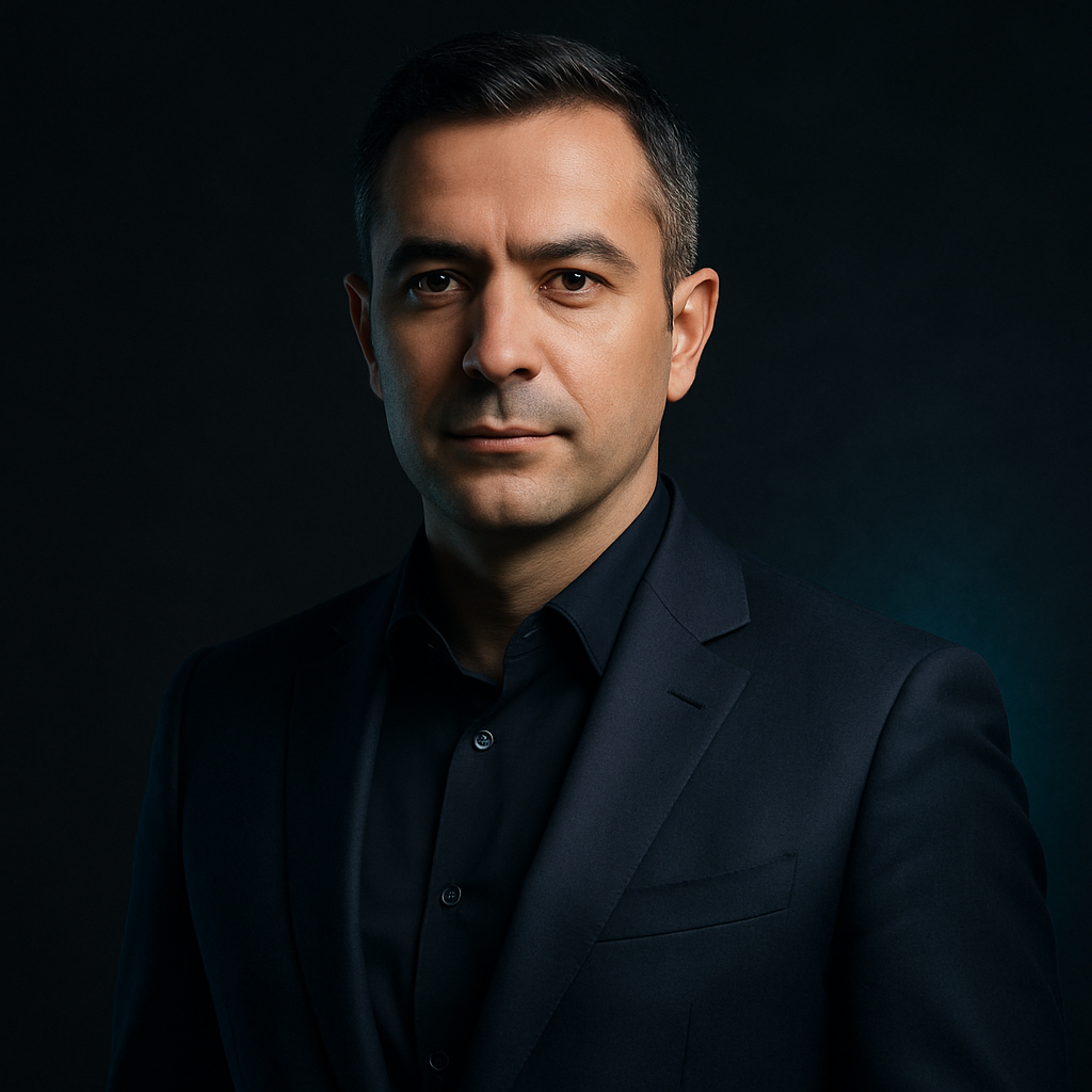 Kısa saçlı, lacivert takım elbiseli, modern ve güven veren bir portrede İnan Alpay