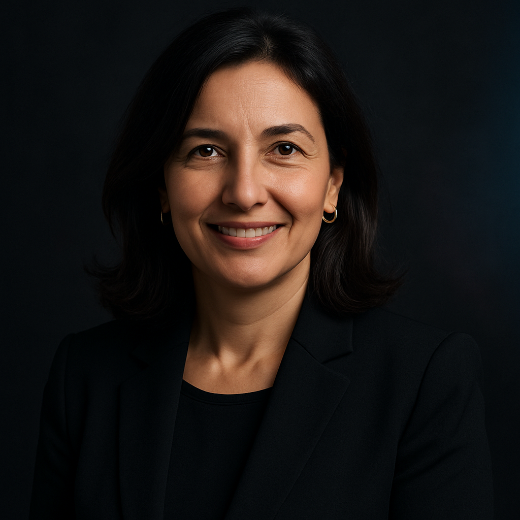 Koyu saçlı, zarif koyu blazerlı, sıcak gülümsemeli bir portrede Nilgün Çimen