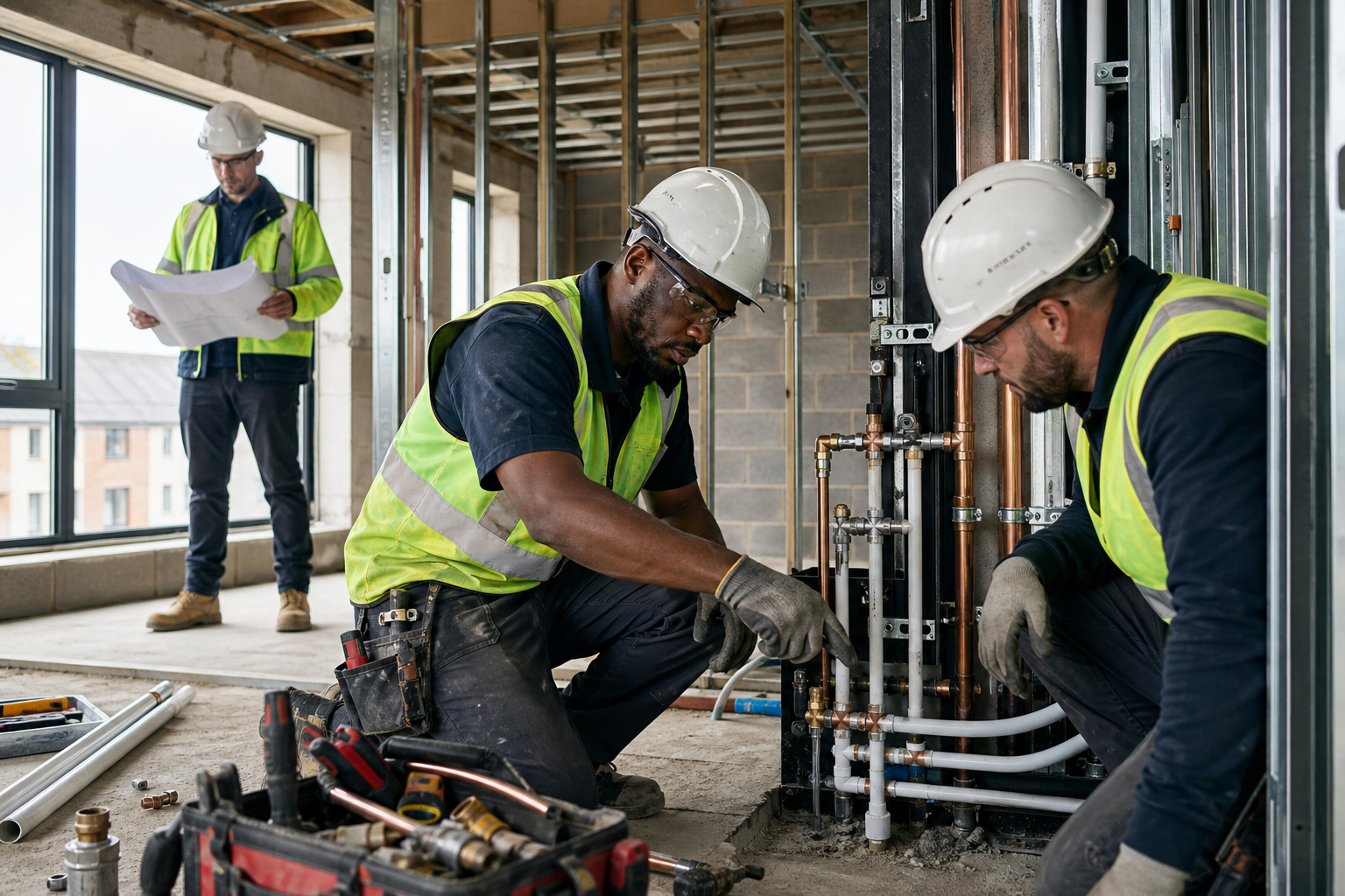 Skilled plumbers and site supervisors coordinating installation work on an active Irish residential construction project