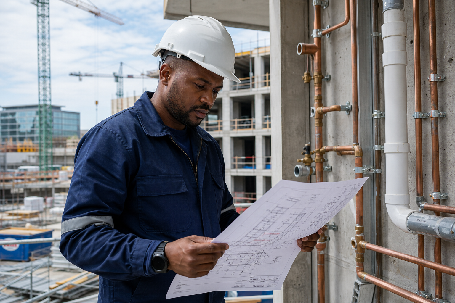 Skilled plumber in safety gear reviewing building service plans on an active residential construction site in Ireland