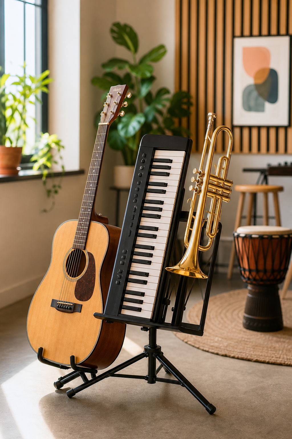 A welcoming studio corner with a wooden acoustic guitar, a compact keyboard, and a golden trumpet resting together on a shared music stand