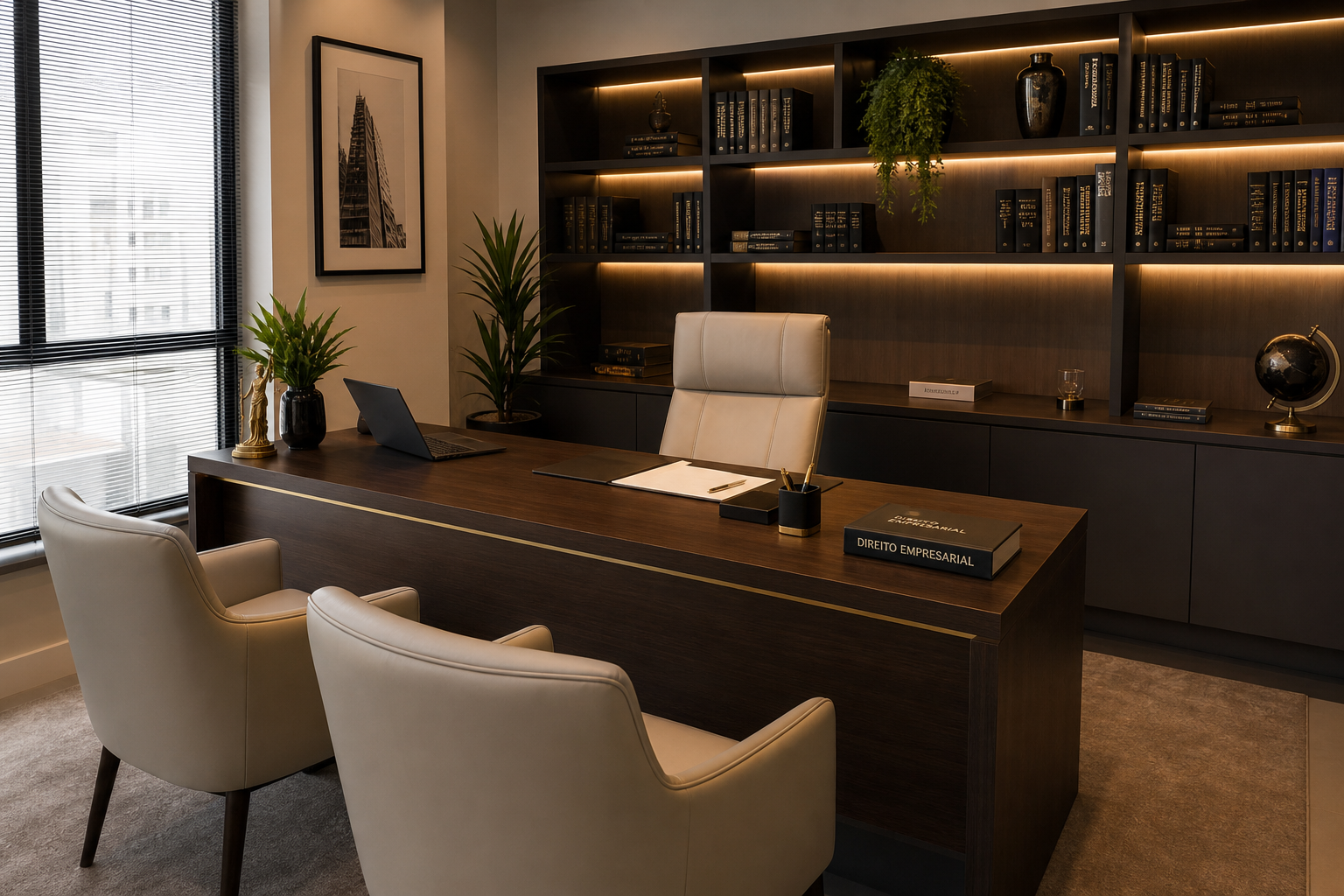 Interior de escritório de advocacia premium com mesa de madeira, poltronas em couro claro e iluminação corporativa discreta