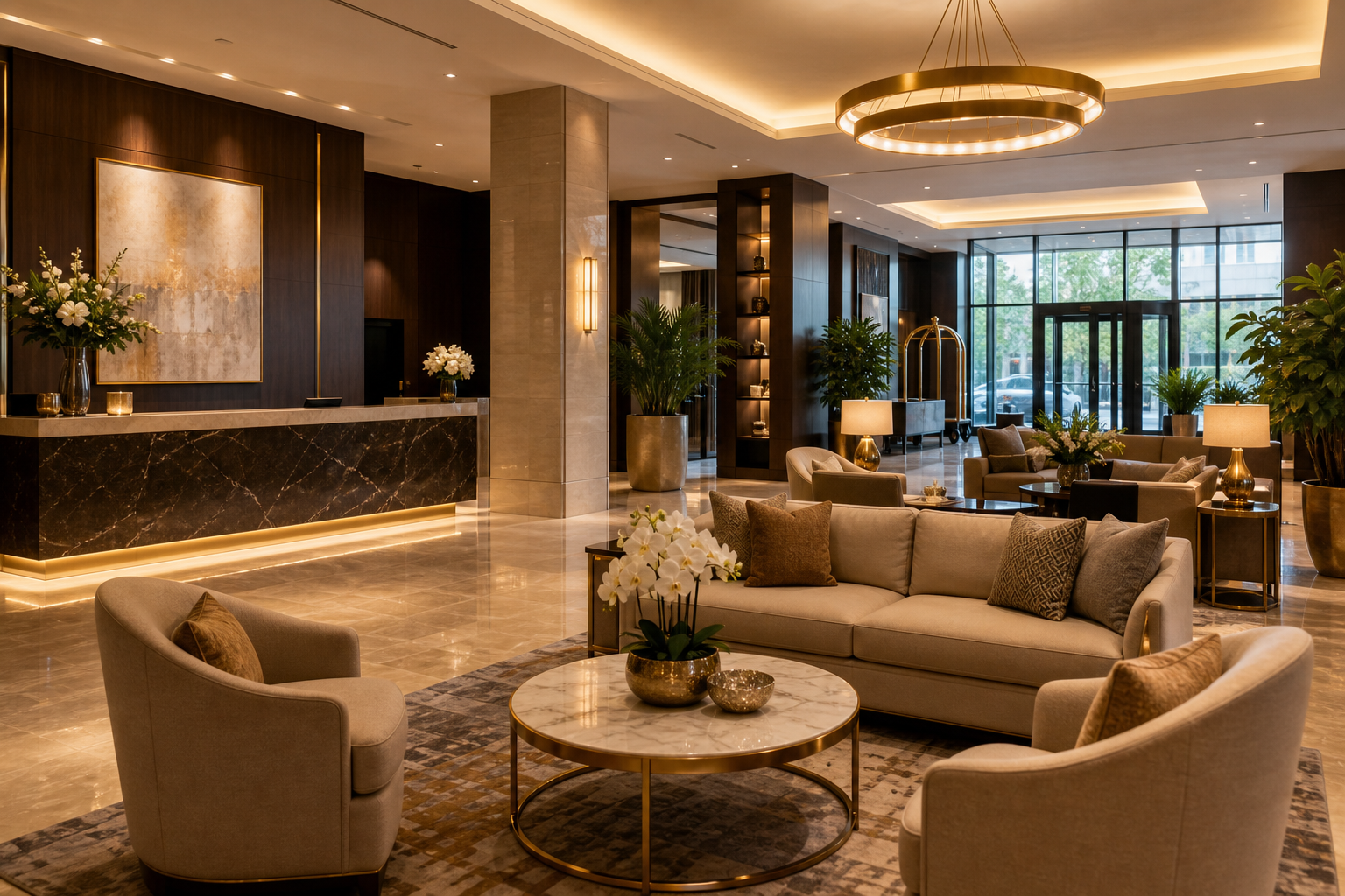 Elegant hotel lobby lounge with plush seating and warm lighting