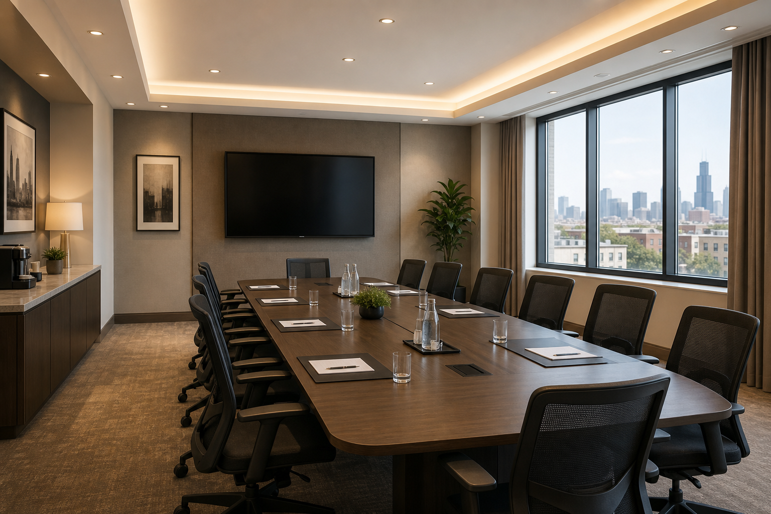 Modern meeting room with conference table, presentation screen, and daylight