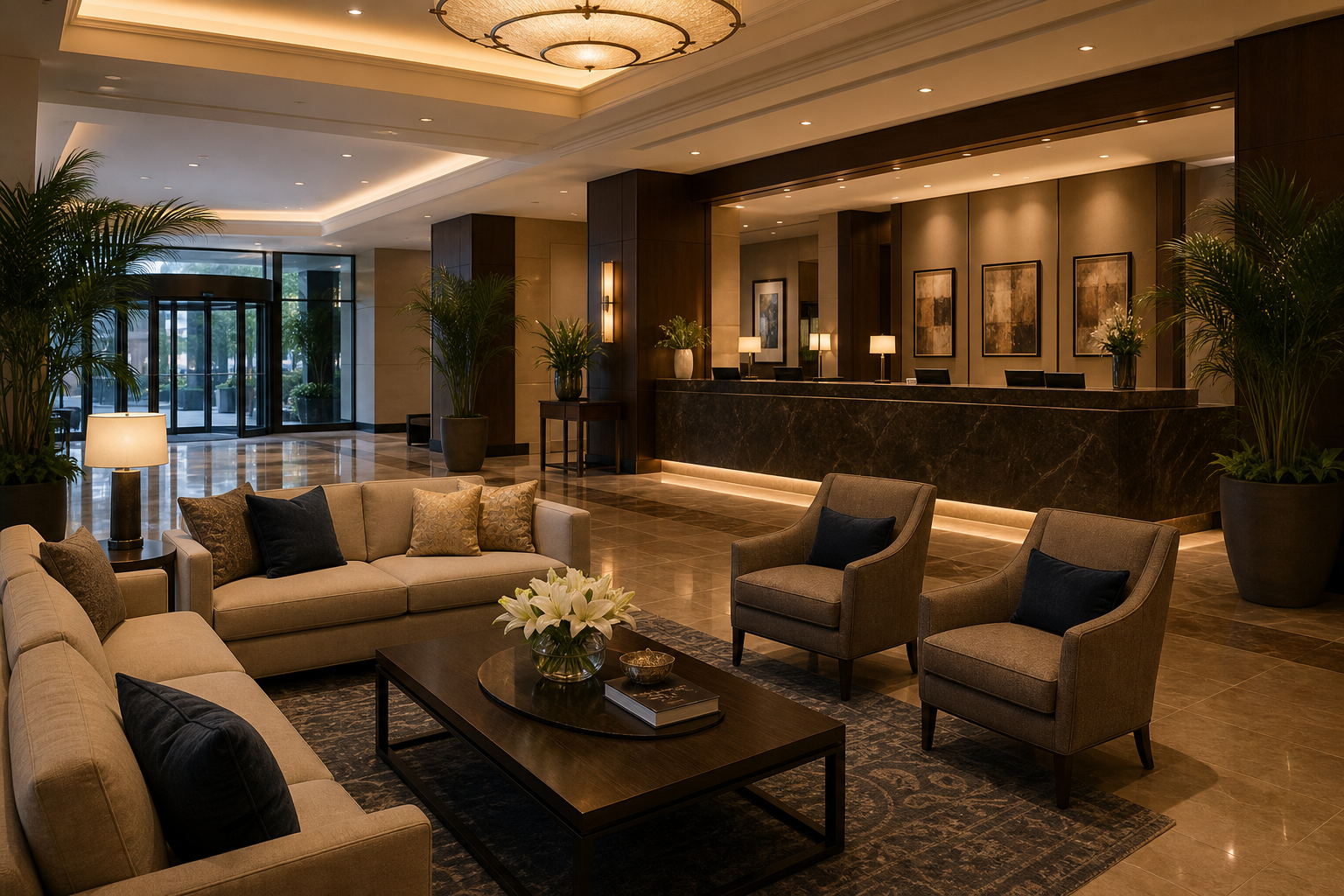 Elegant hotel lobby lounge with warm lighting and comfortable seating
