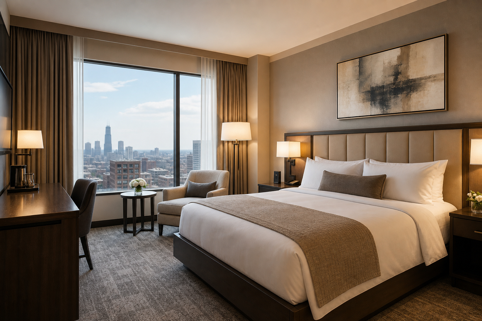 Deluxe Room with a king bed, upholstered lounge chair, and large windows overlooking the city