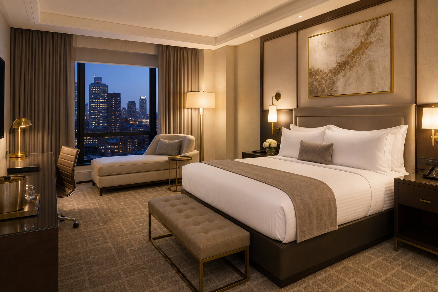 Elegant deluxe hotel room with a king bed, layered pillows, a chaise lounge, and warm brass accents