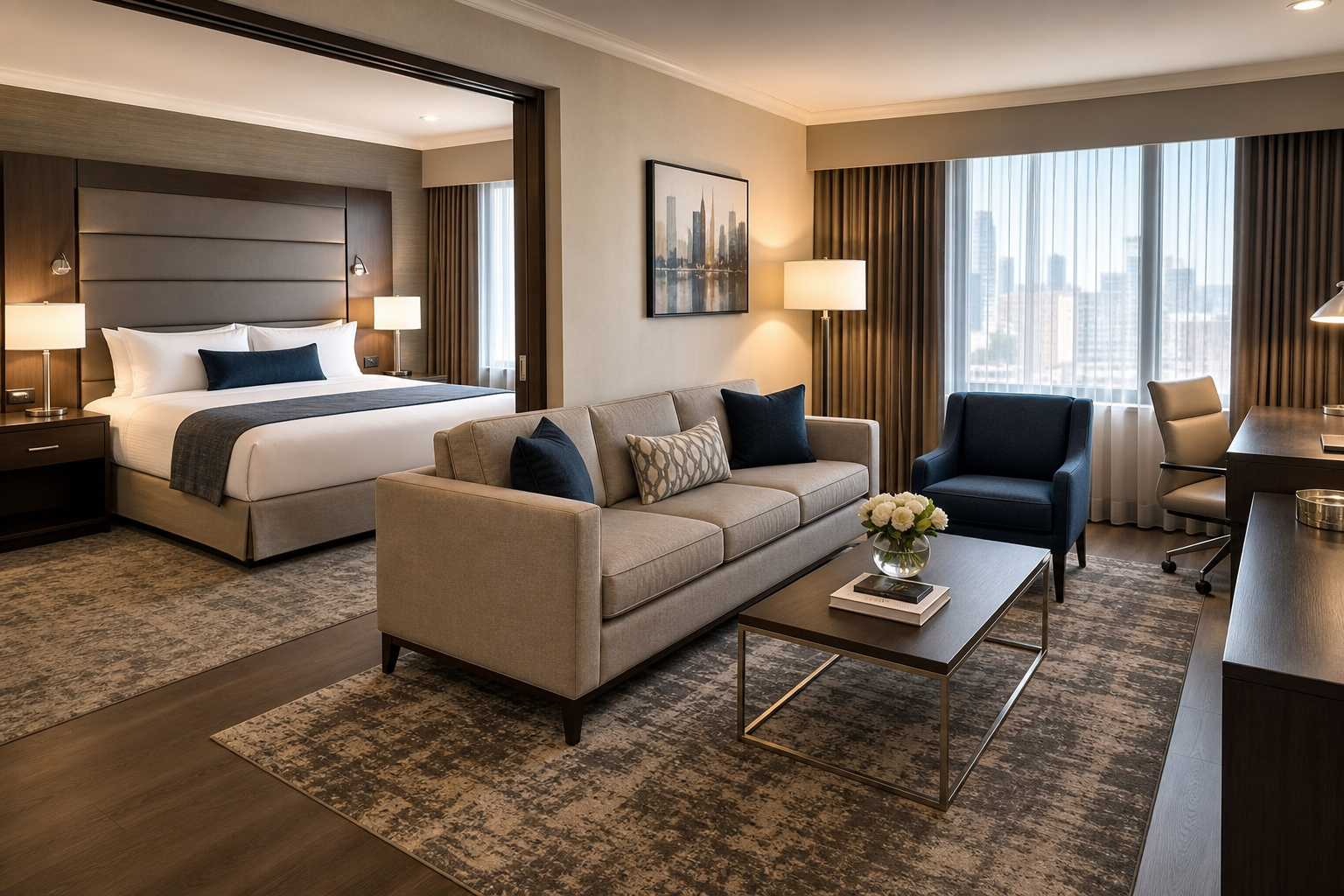 Executive Suite with a king bed, separate sitting area, and modern lighting accents