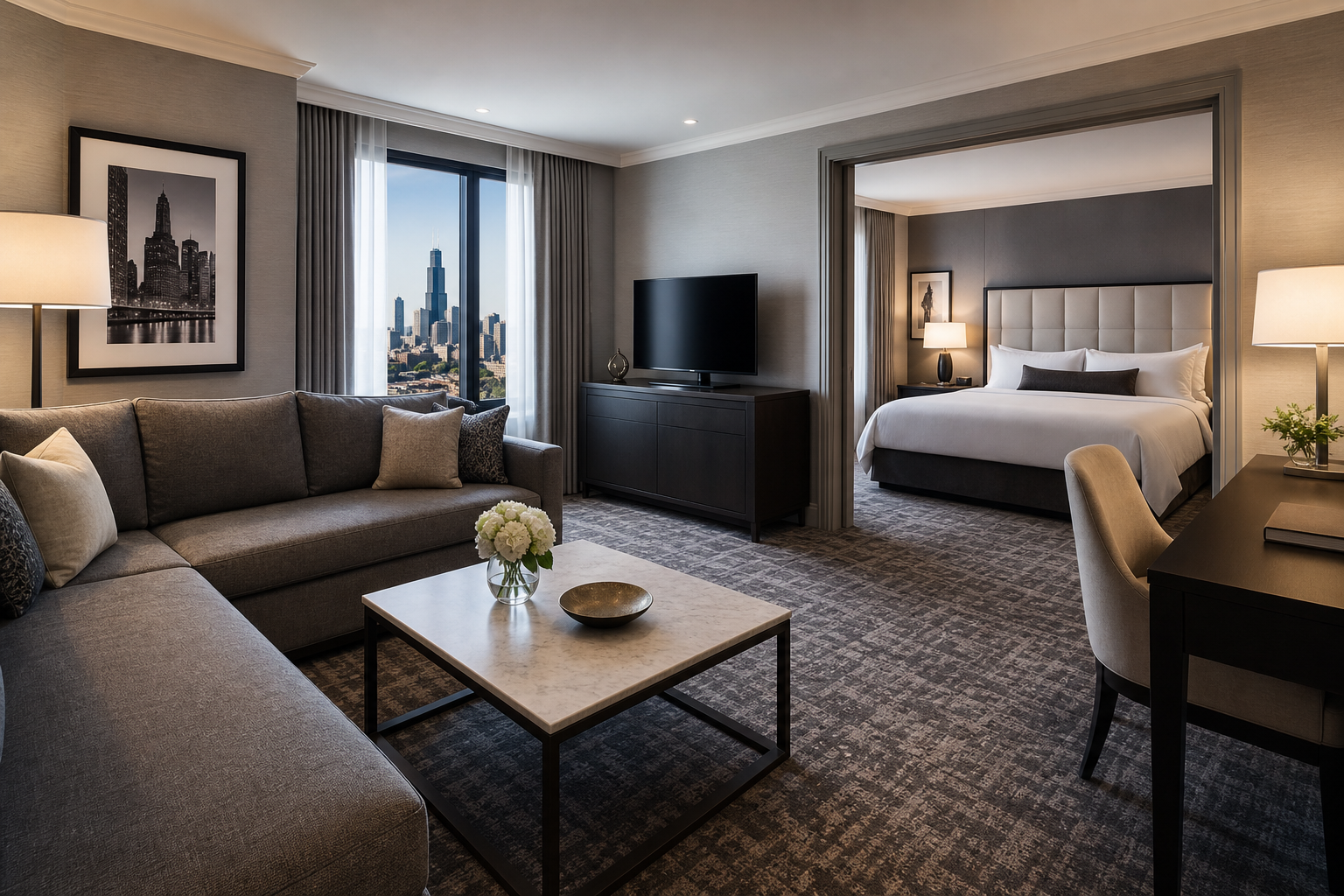 Sophisticated executive suite with a separate lounge area, contemporary sofa, and a king bed in a calm palette