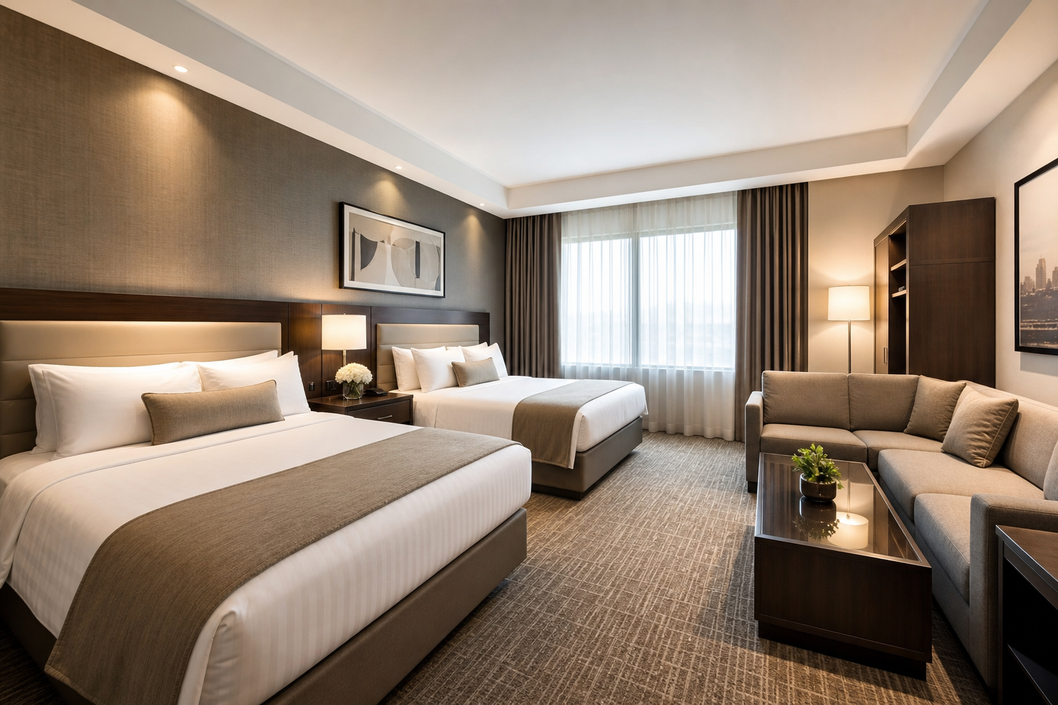 Family Suite with two beds, a sofa, and soft neutral decor for a comfortable group stay