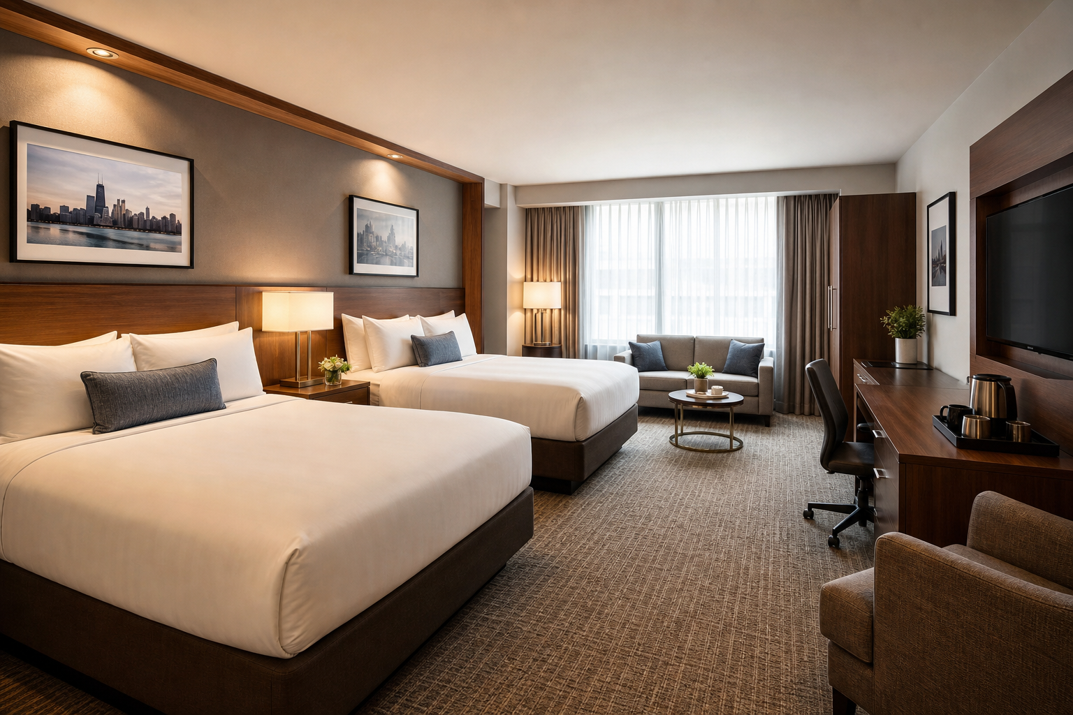 Bright family suite with two beds, a compact lounge area, and warm wood finishes designed for group stays