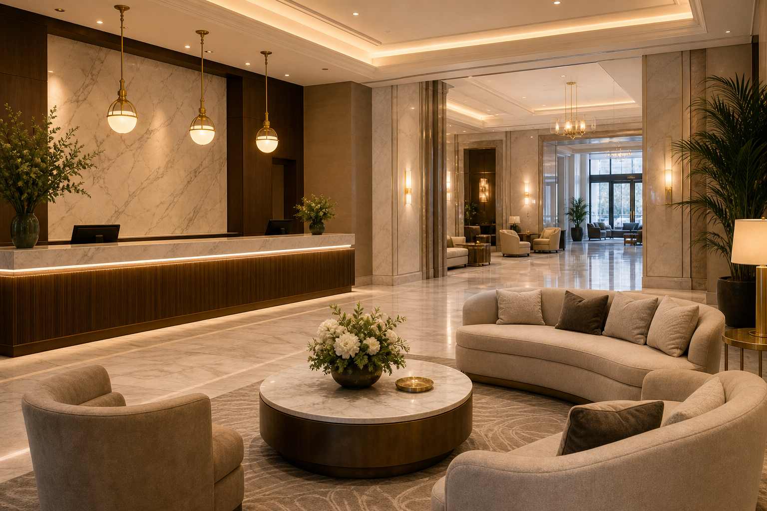Elegant hotel lobby with warm lighting, marble accents, and comfortable seating
