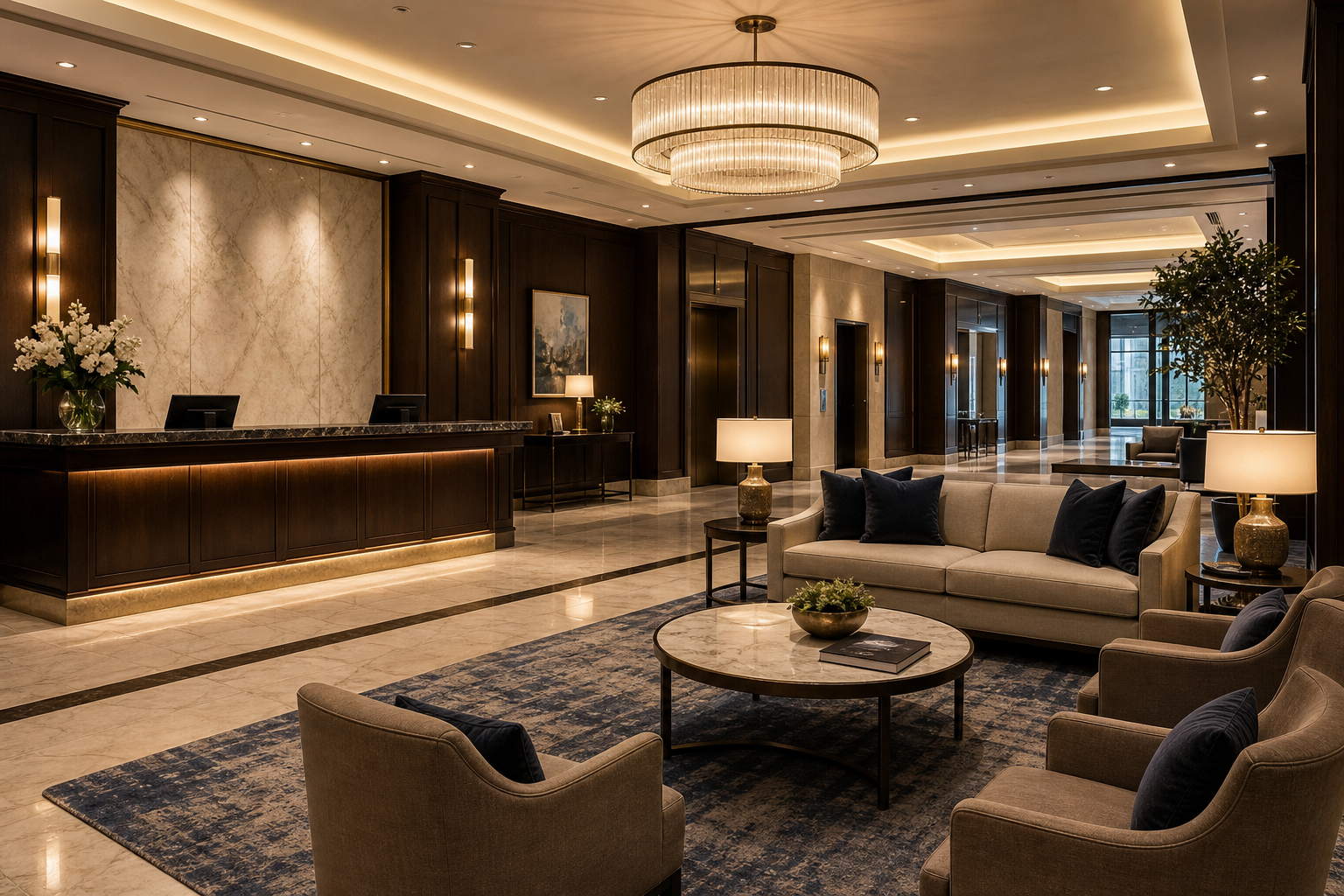 Elegant Chicago hotel lobby with warm lighting, lounge seating, and a polished reception desk
