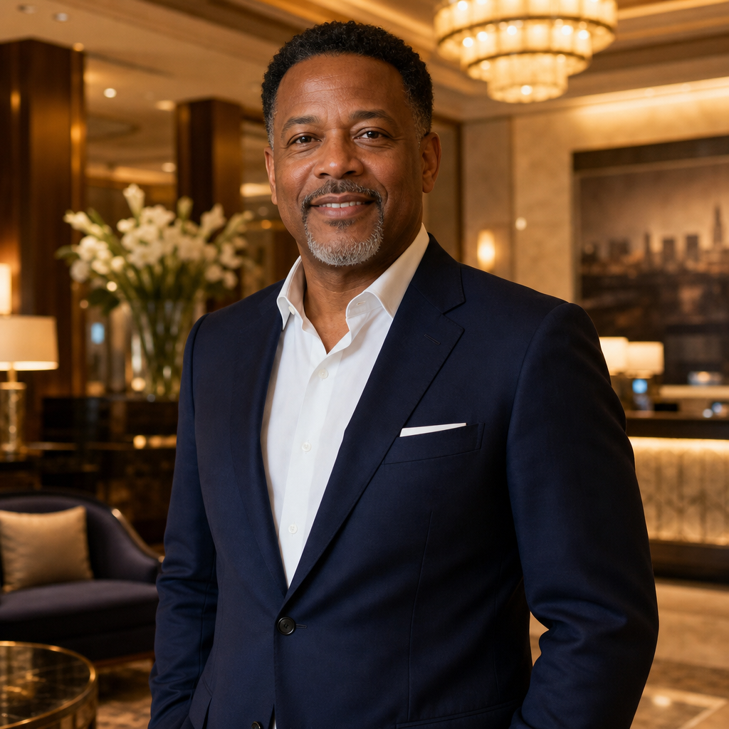 Professional portrait of William Parker in a tailored navy suit, standing in a warmly lit hotel lobby