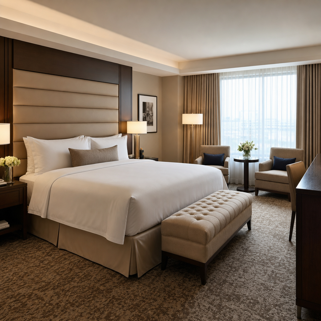 Refined guest suite with neutral tones, plush bedding, and a seating area
