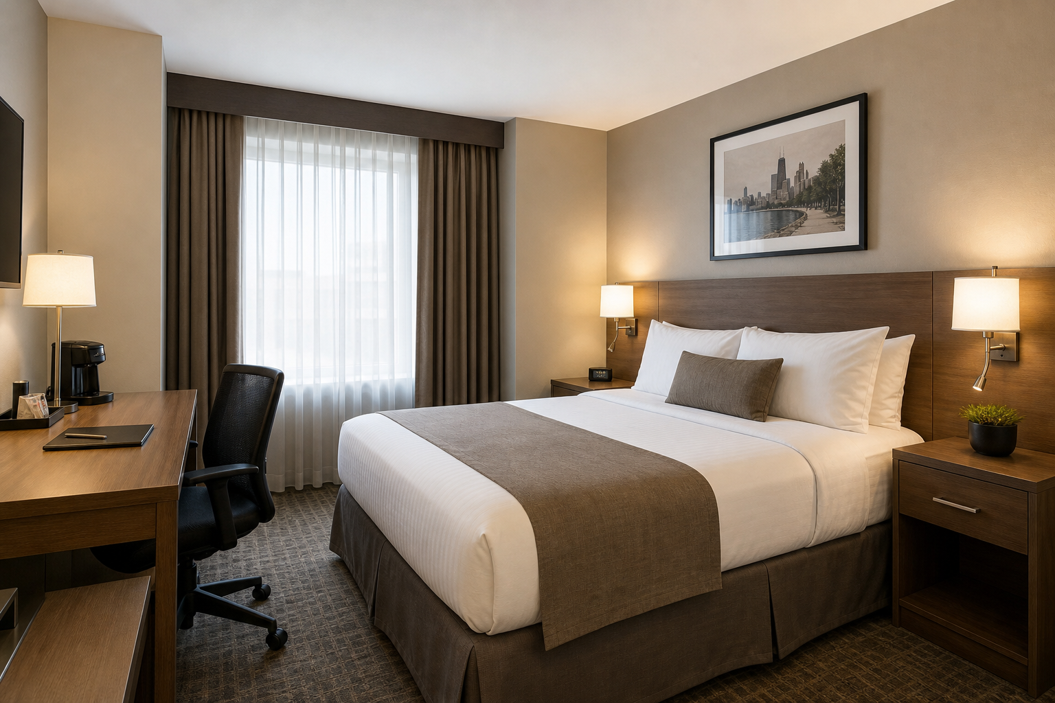 Standard Room with a queen bed, neutral linens, a compact work desk, and warm reading lights