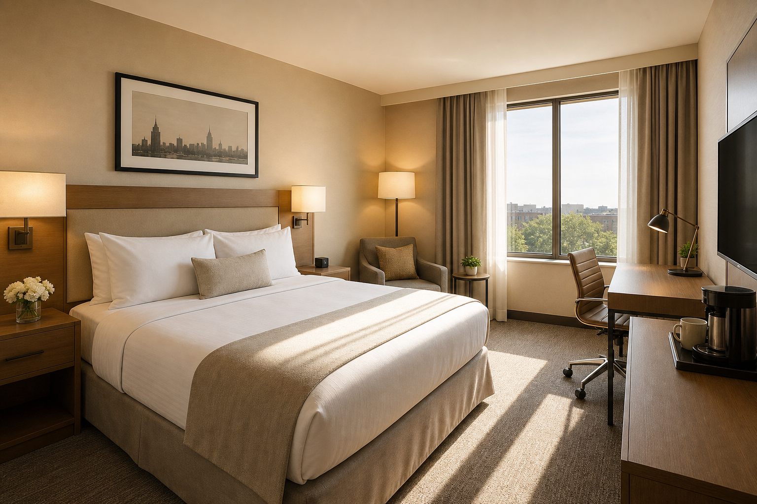 Warm, sunlit standard hotel room with a queen bed, soft neutral linens, a reading chair, and a compact work desk by the window