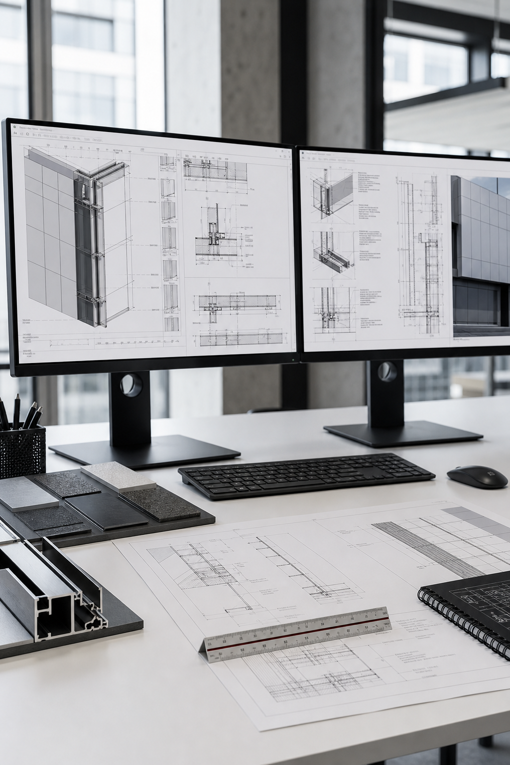 Technical façade design workspace with detailed cladding drawings, coordination markups, and aluminium envelope interface studies on dual monitors