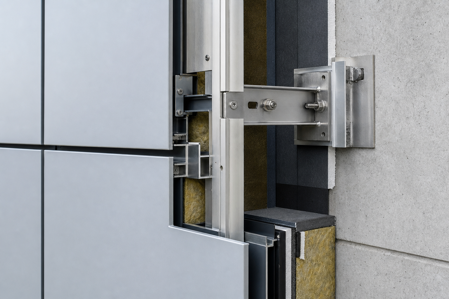 Close-up technical façade junction showing aluminium cladding interface, support rails, and insulation layers