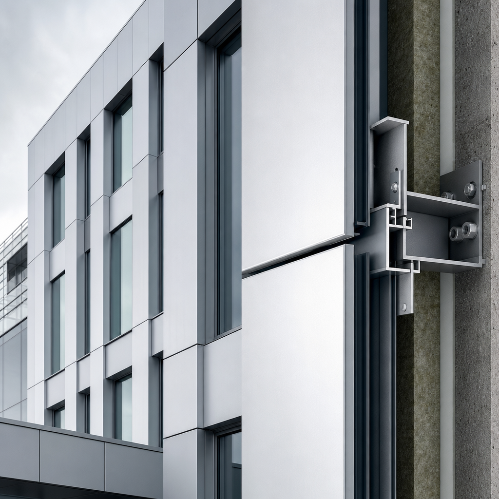 Premium modern aluminium façade with precise panel geometry and realistic high-end architectural finish
