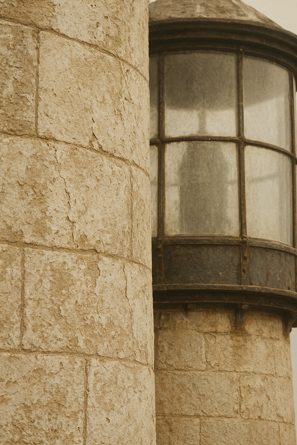 Warm film-style close view of weathered lighthouse masonry and lantern glass with salt-worn texture