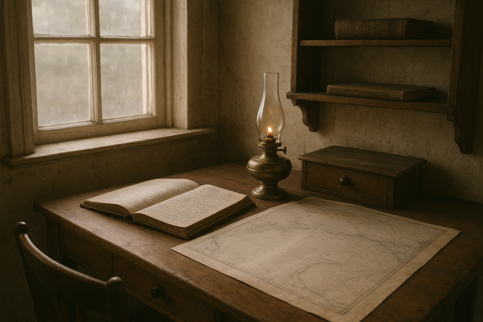 Documentary-style lighthouse keeper room with a wooden desk, open logbooks, brass oil lamp, and weathered sea charts