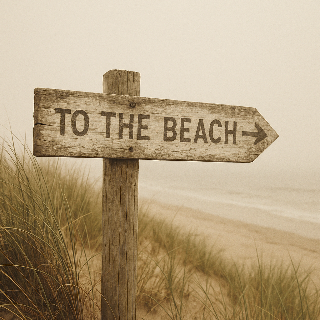Weathered coastal direction sign beside dune grass on a fog-softened northern shoreline