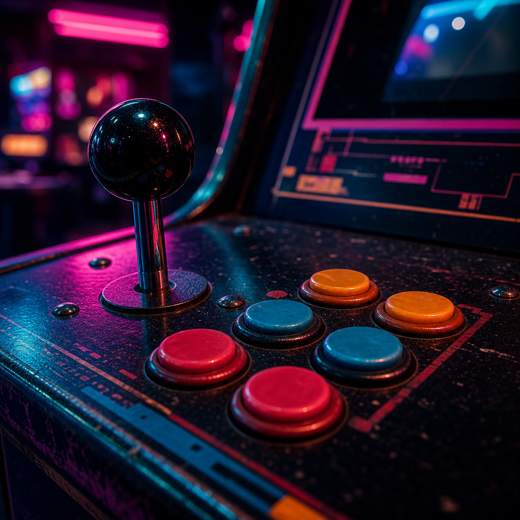 Close-up retro arcade control panel with neon cyan and magenta spill light reflecting on worn buttons