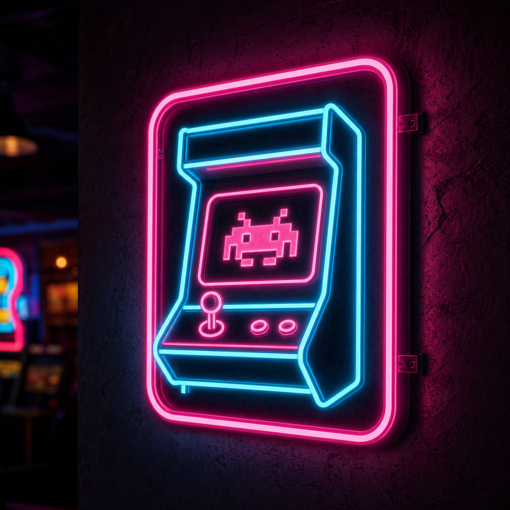 Compact neon arcade wall sign with cyan and magenta glow