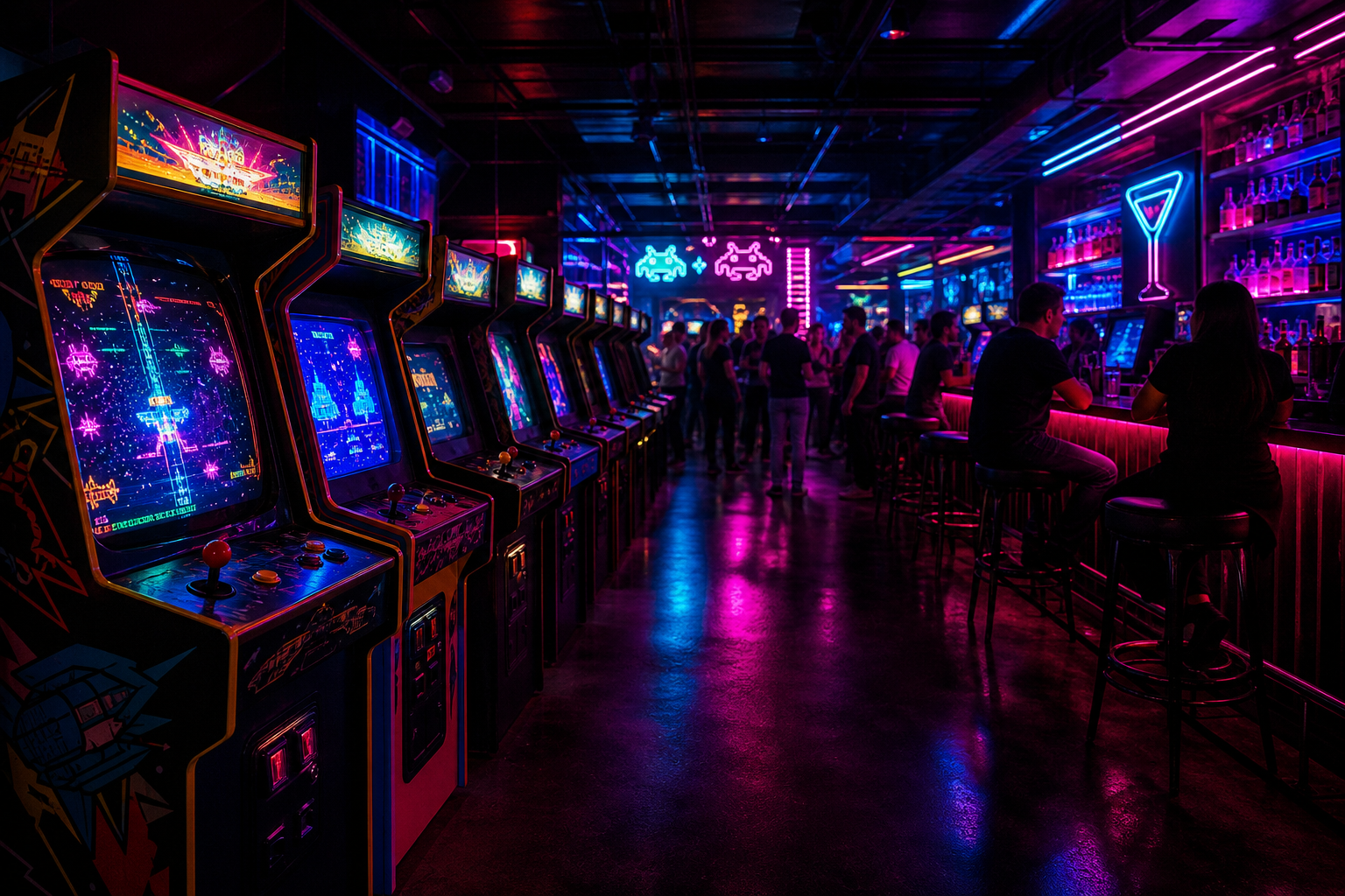Long row of glowing retro arcade cabinets in cyan and magenta light