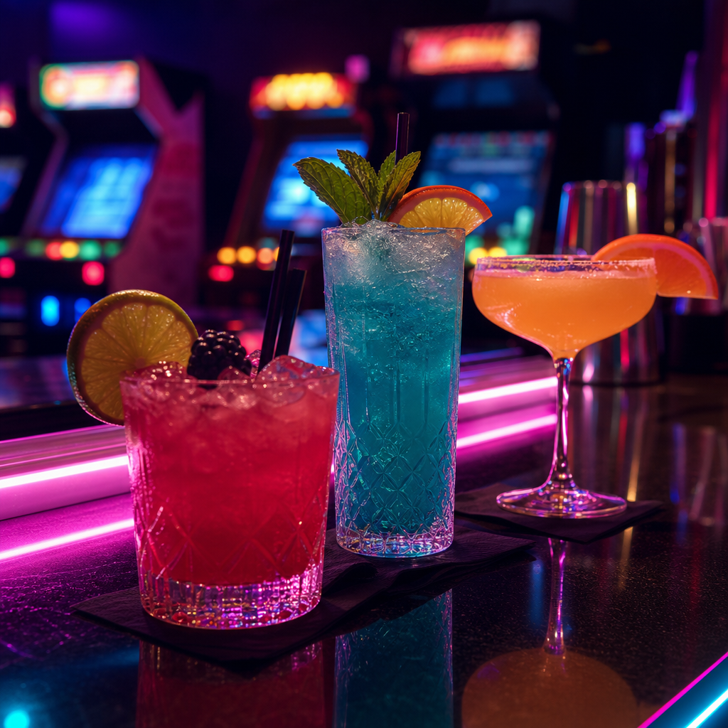 Craft cocktails lined up on a neon-lit bar counter