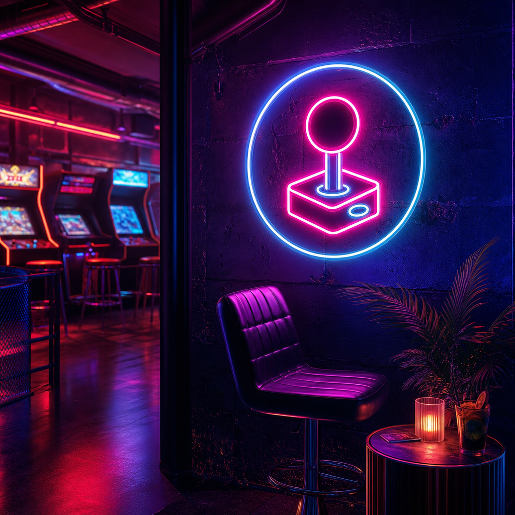 Moody venue corner with neon signage and ambient haze