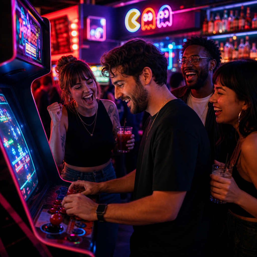 Group of friends gathered around an arcade machine, cheering during gameplay