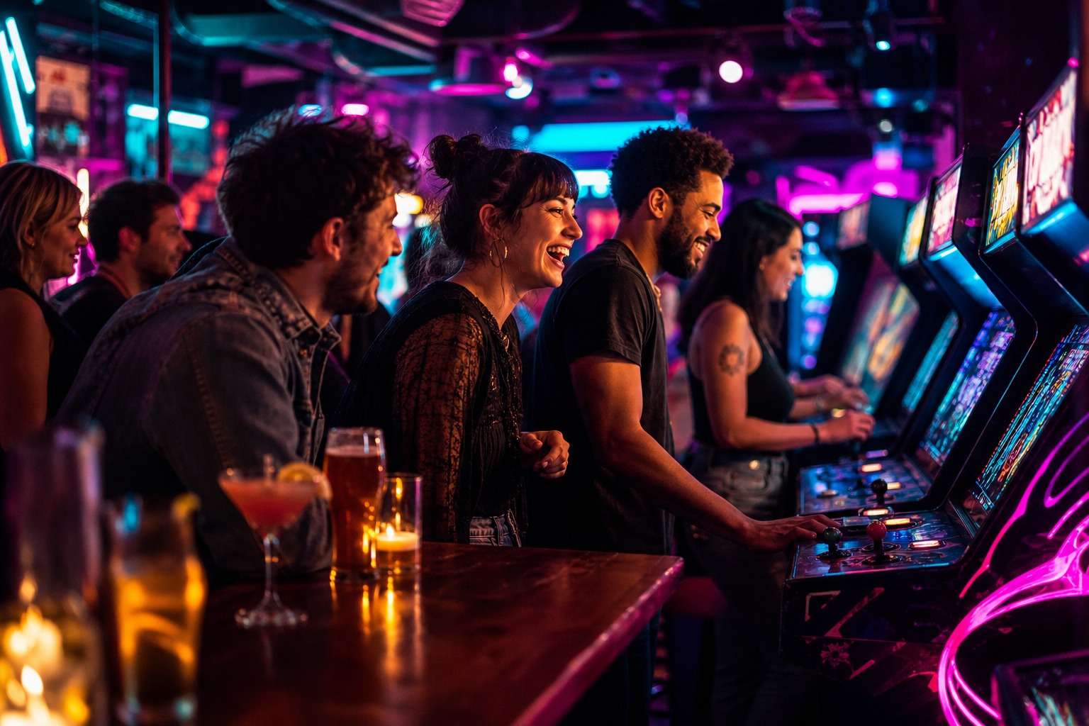 Candid arcade-bar moment with friends near glowing game cabinets and drinks on the bar