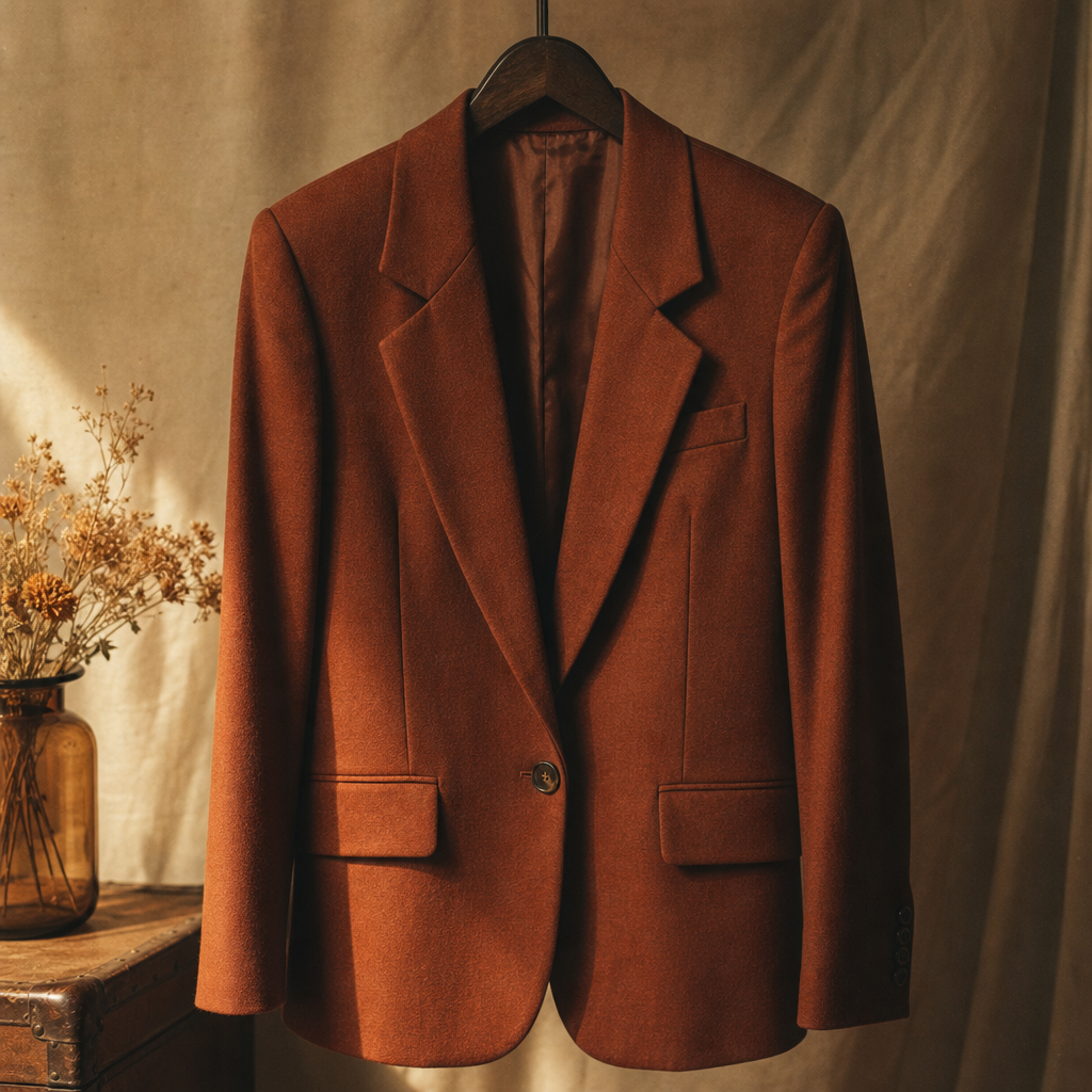Warm editorial portrait of a vintage 1980s blazer on a wooden hanger, soft film grain and amber lighting