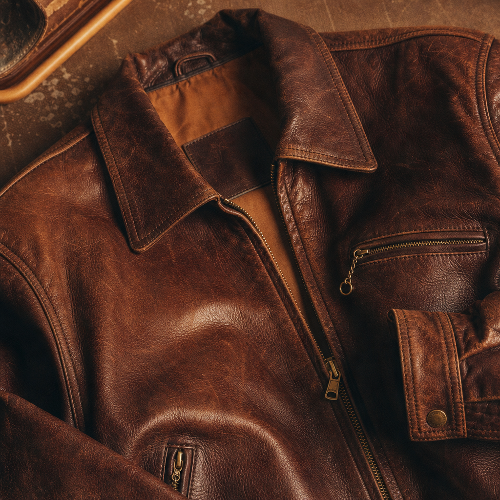 Close-up of vintage 1980s leather jacket with brass zippers and worn texture