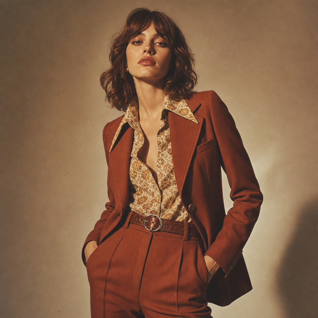 Editorial portrait of a model in a rust-toned 1970s suit with warm analog lighting