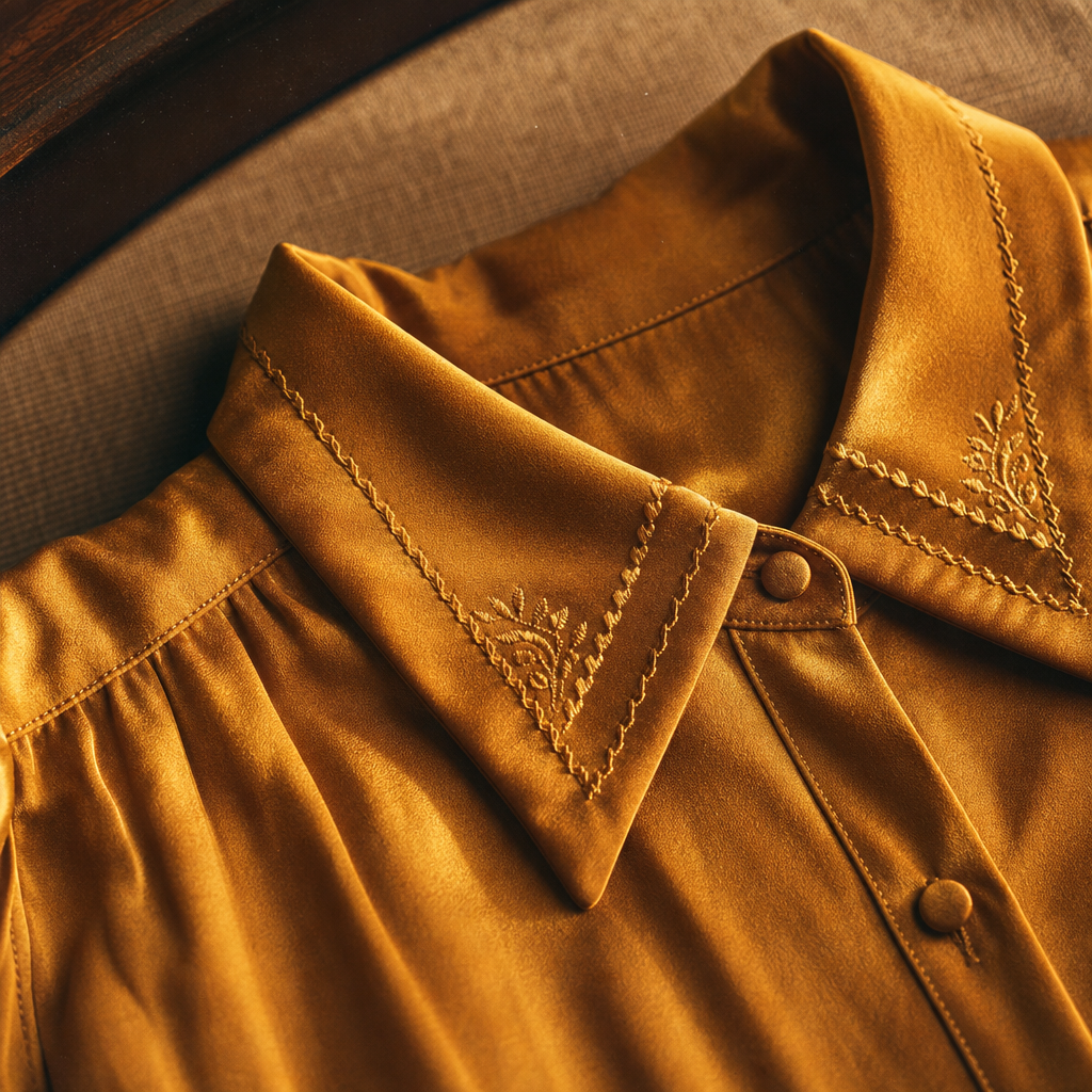 Close-up of a mustard satin blouse with subtle sheen and textured stitching, photographed in warm natural light
