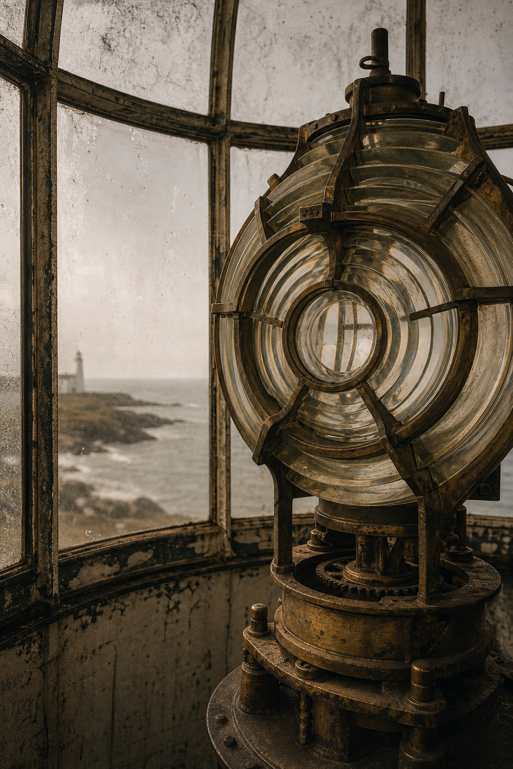 Close-up archival-style photograph of a lighthouse lantern room interior with weathered brass fittings and salt-worn glass