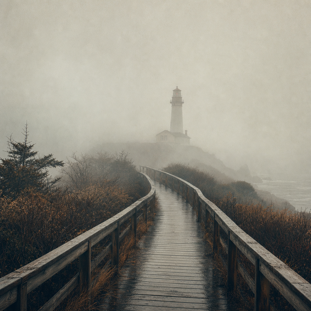 Fog-bound approach path to a coastal lighthouse