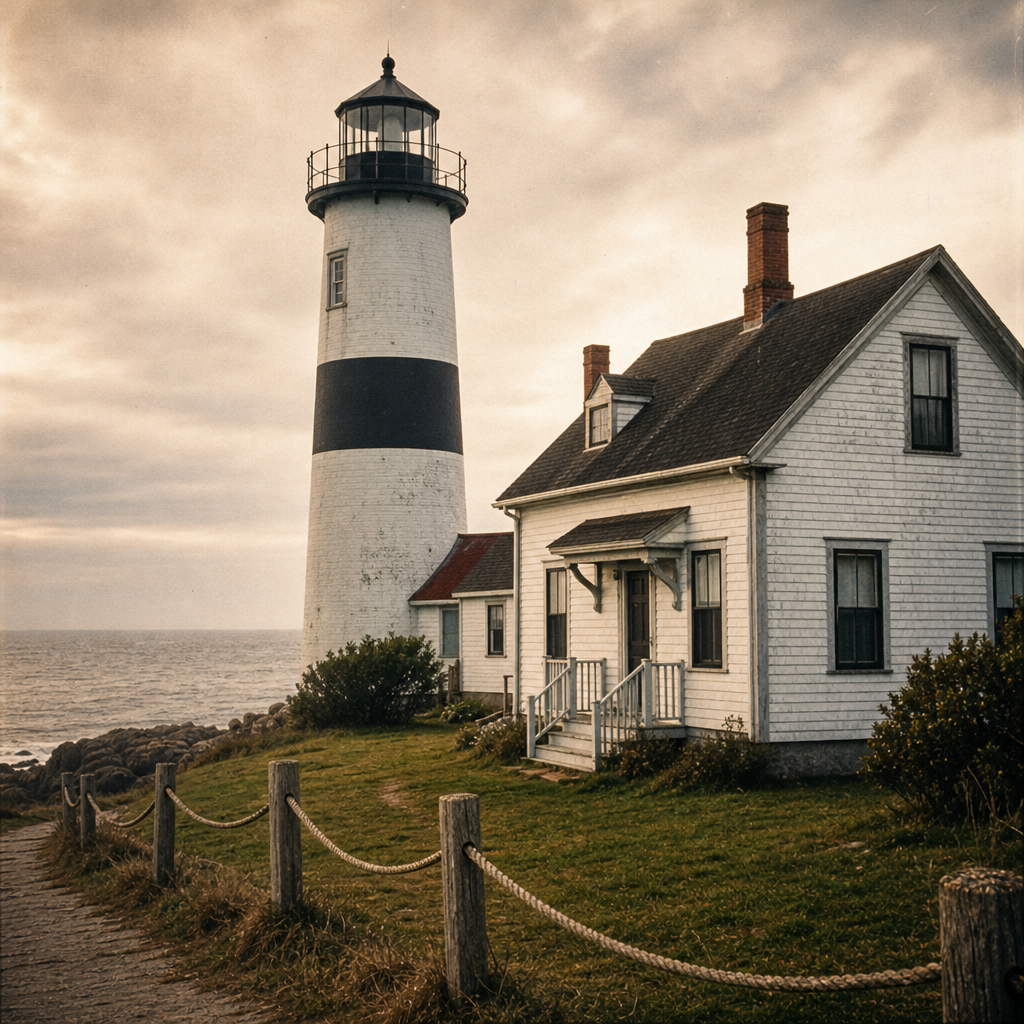 Keeper dwelling beside lighthouse with weathered clapboard