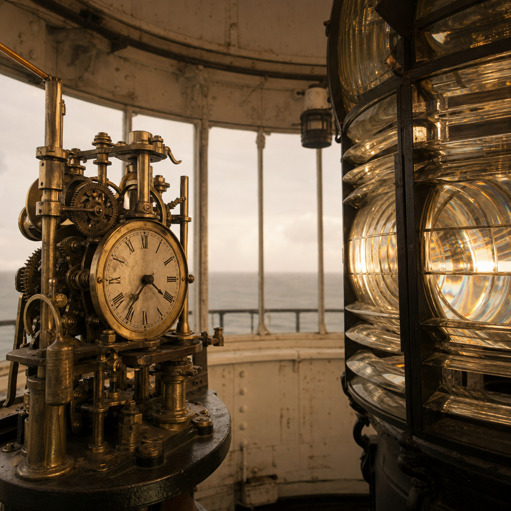 Lantern room detail with brass mechanism and glass panes