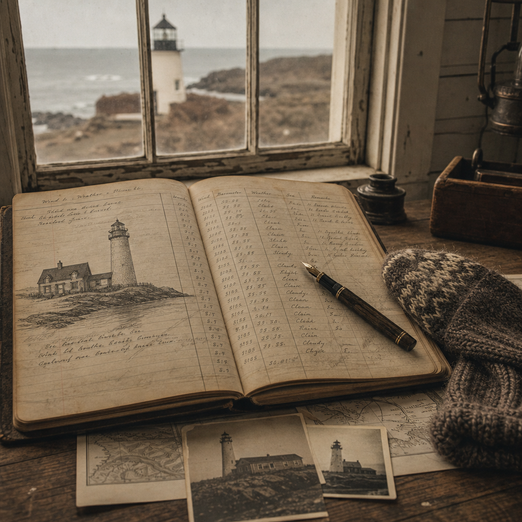 Archival sketch-like insert showing an open ledger book, fountain pen, and a child’s mitten on a table