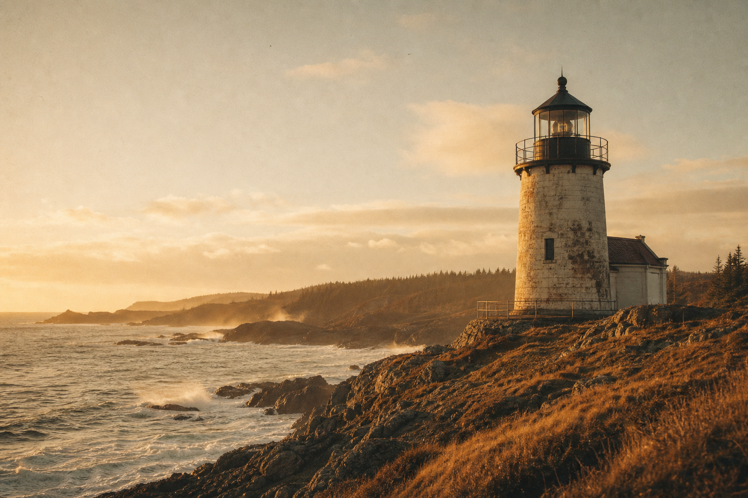 Weathered northern-coast lighthouse on a rugged shoreline at warm golden-hour light with rolling sea haze