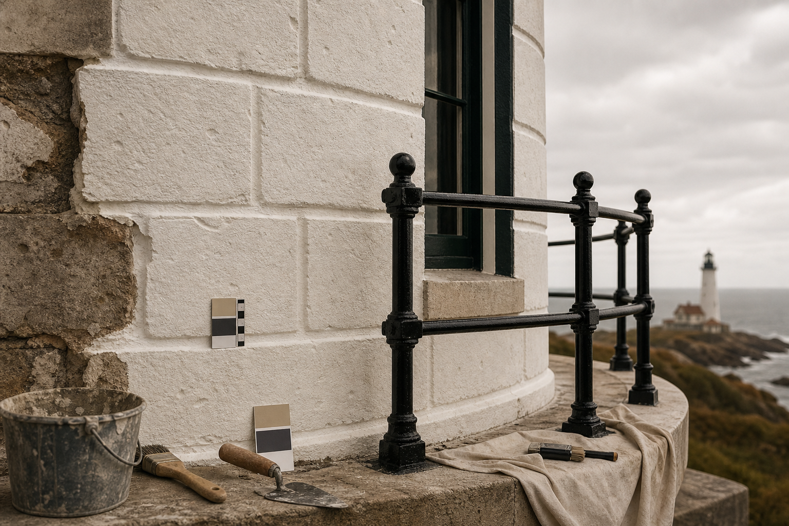 Preservation detail showing restored ironwork and masonry patching