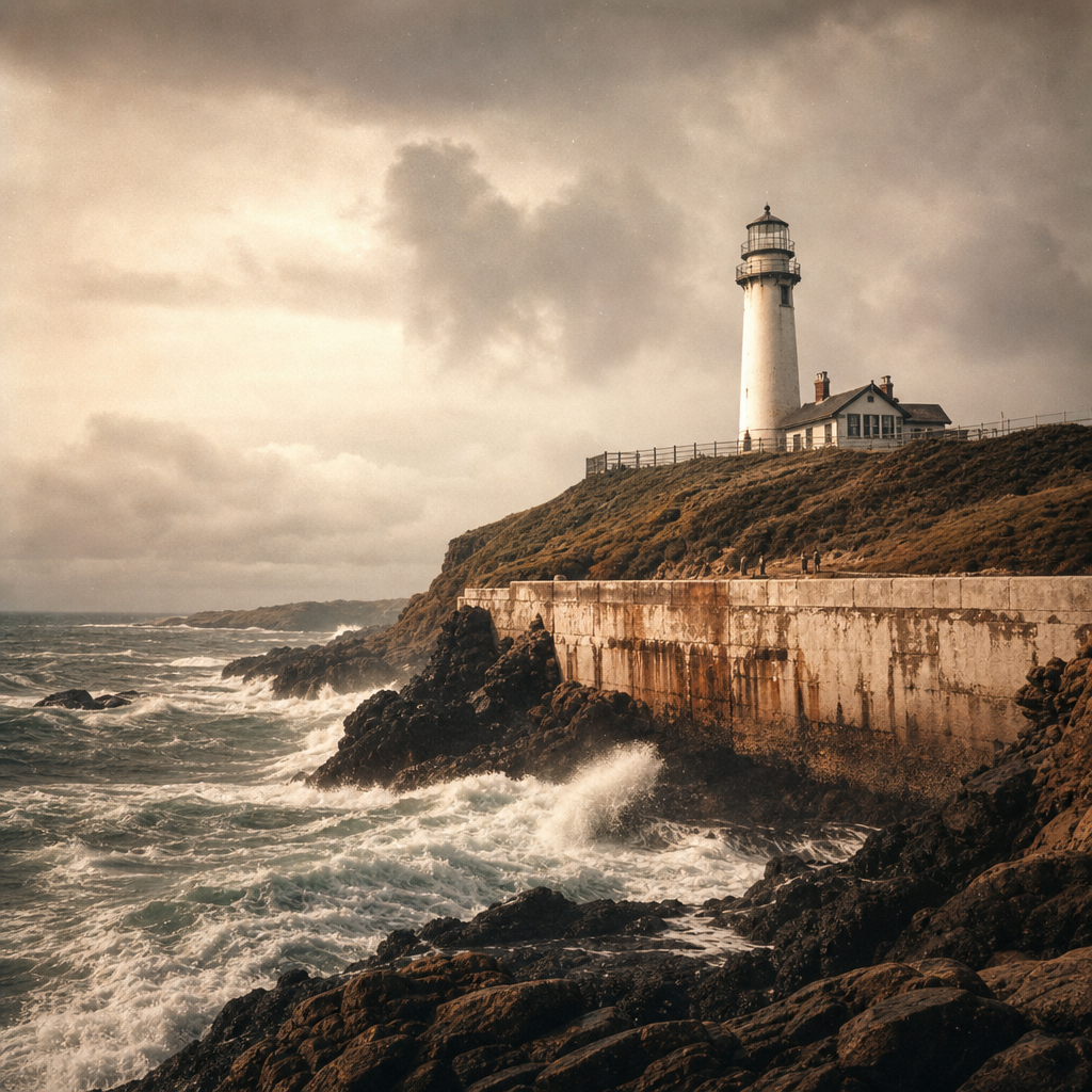 Shoreline weather exposure around lighthouse cliffs and surf